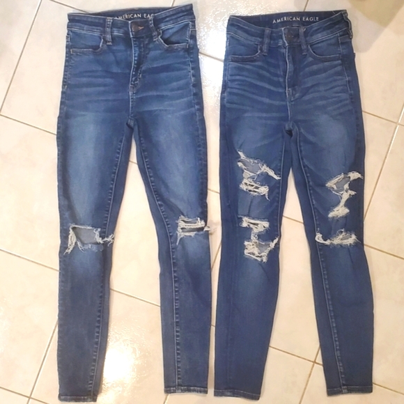 2 PAIR American Eagle Outfitters women's size 0 SHORT length ripped skinny jeans - Picture 1 of 9